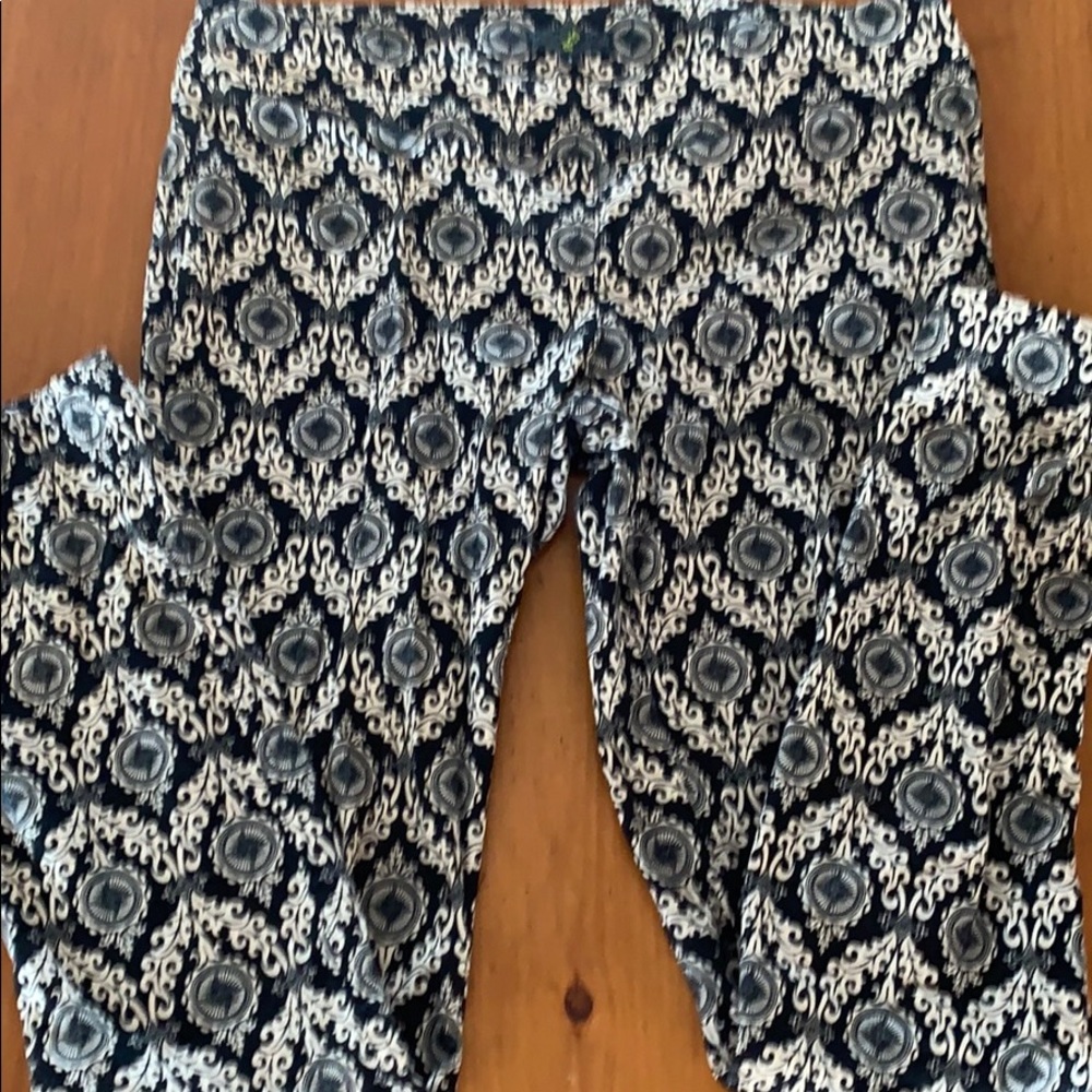 Black and white cotton pants with some stretch.